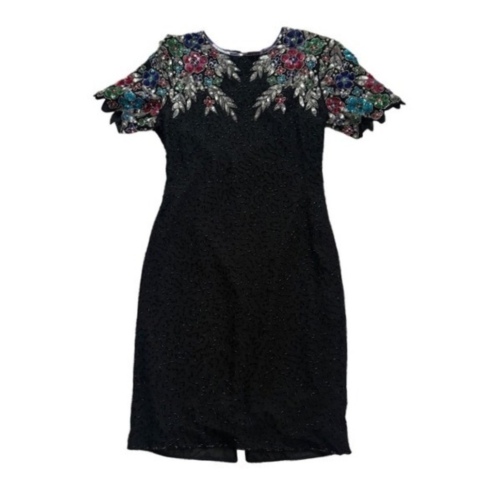 Vintage Sténay Black Silk Beaded Floral Cocktail Mini Dress‎ 8 Old Money Glam